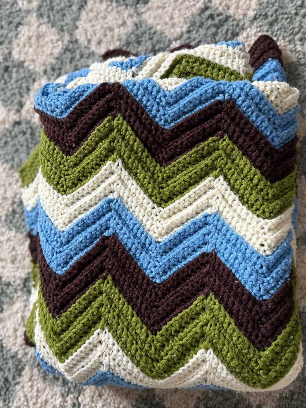 VTG Handmade Chevron Crochet Afghan Blanket Blue Green Brown Cream Hippie Boho